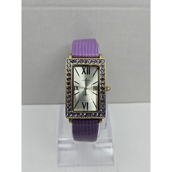 Heidi Daus Purple Crystal Rectangular Watch Quartz New Battery Leather Strap - Picture 1 of 13
